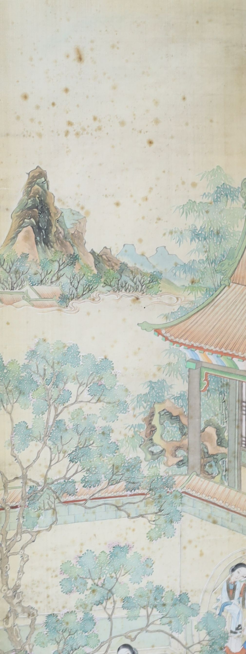 A set of four Chinese paintings on silk of ladies in pavilion gardens, 19th century each image 82 cm x 18.5 cm, damage